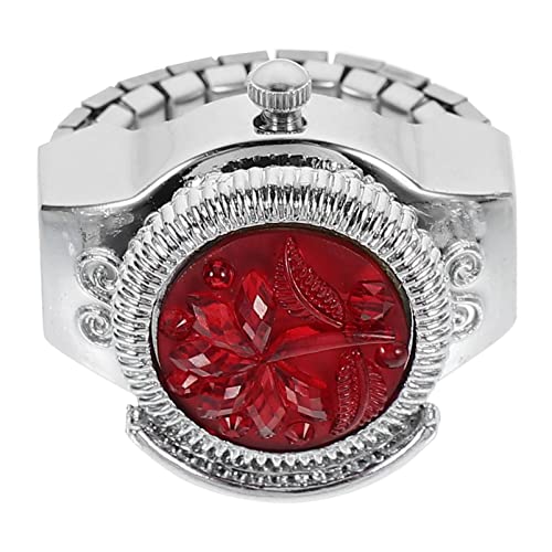 Hemobllo Finger Ring Watch - Men Women Finger Watch Elastic Band Rose Designed Quartz Ring Watches Round Dial Finger Watches (Red)