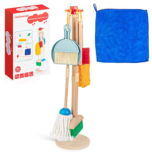 HELLOWOOD Kids Cleaning Set, 8 pcs Housekeeping Pretend Play Set Includes Broom Mop Duster Dustpan Brushes Rag and Organizing Stand, Cleaning Toys Gift For Toddlers Girls Boys Age 3-6, Real Beech Wood