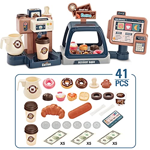 Pretend Play Coffee Maker Toy Role Play Coffee Shop Party Playset with Coffee Machine Cash Registers Toy Food Dessert Donuts Cakes Set Early Learning Funtional Toy for kids Birthday