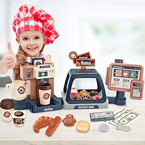 Pretend Play Coffee Maker Toy Role Play Coffee Shop Party Playset with Coffee Machine Cash Registers Toy Food Dessert Donuts Cakes Set Early Learning Funtional Toy for kids Birthday