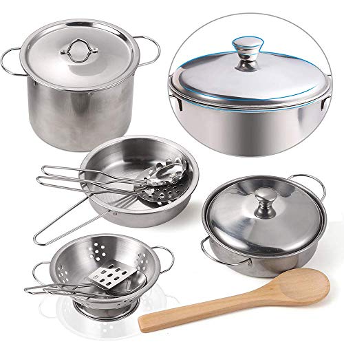 Sundaymot Kids Kitchen Pretend Play Toys Accessories with Stainless Steel Cookware Pots and Pans Set, Cooking Utensils, Apron & Chef Hat, Cutting Vegetables for 3 Year Old Kids, Girls, Boys, Toddlers