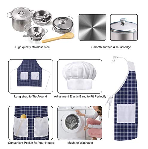 Sundaymot Kids Kitchen Pretend Play Toys Accessories with Stainless Steel Cookware Pots and Pans Set, Cooking Utensils, Apron & Chef Hat, Cutting Vegetables for 3 Year Old Kids, Girls, Boys, Toddlers