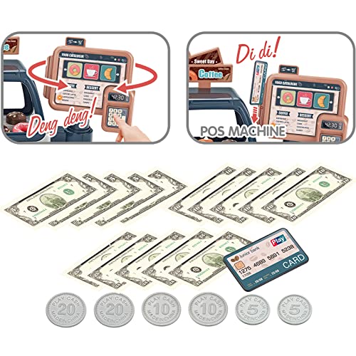 Pretend Play Coffee Maker Toy Role Play Coffee Shop Party Playset with Coffee Machine Cash Registers Toy Food Dessert Donuts Cakes Set Early Learning Funtional Toy for kids Birthday