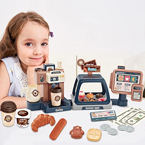 Pretend Play Coffee Maker Toy Role Play Coffee Shop Party Playset with Coffee Machine Cash Registers Toy Food Dessert Donuts Cakes Set Early Learning Funtional Toy for kids Birthday