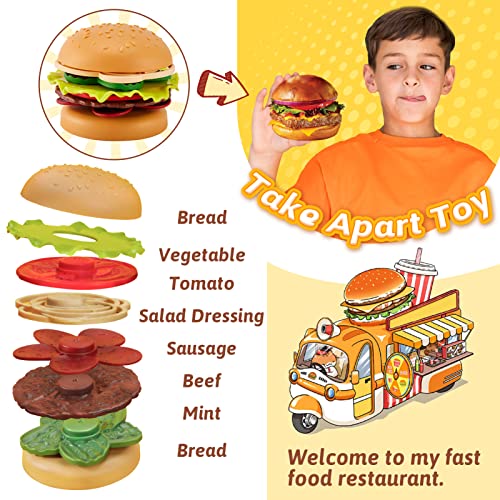 LINFUN KIDS Pretend Play Food Toys with Tray Plastic Pizza Set with Burger Hotdog Fries Kids Kitchen Accessories Role Play Game Gifts for Kids Boys Girls 3 4 5 Years Old