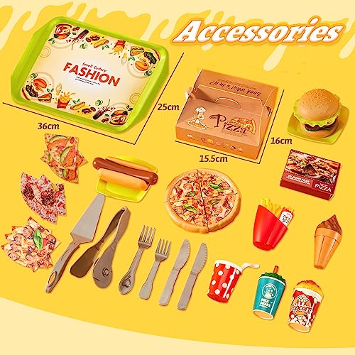 LINFUN KIDS Pretend Play Food Toys with Tray Plastic Pizza Set with Burger Hotdog Fries Kids Kitchen Accessories Role Play Game Gifts for Kids Boys Girls 3 4 5 Years Old