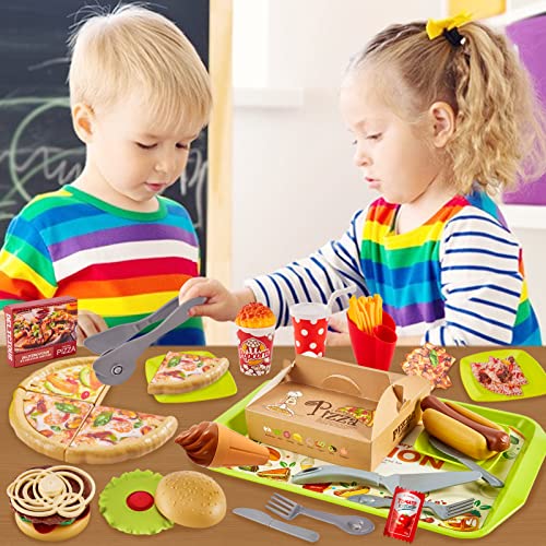 LINFUN KIDS Pretend Play Food Toys with Tray Plastic Pizza Set with Burger Hotdog Fries Kids Kitchen Accessories Role Play Game Gifts for Kids Boys Girls 3 4 5 Years Old