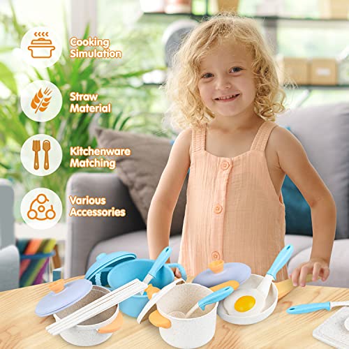 kizplays Kitchen Pretend Toy Role Play Kitchen Accessories Cookware Pot and Pan Set Educational Gift Toy for Kids 16 Pcs for 3 4 5 Years Toddler