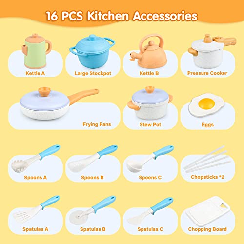 kizplays Kitchen Pretend Toy Role Play Kitchen Accessories Cookware Pot and Pan Set Educational Gift Toy for Kids 16 Pcs for 3 4 5 Years Toddler
