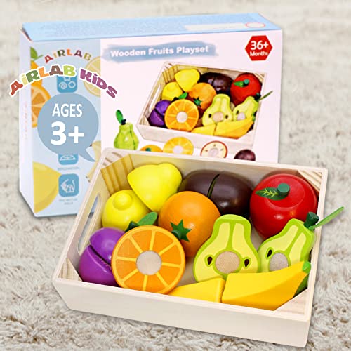 Airlab Wooden Play Food for Kids Kitchen Cutting Fruits Toys for Toddlers Pretend Vegetables Gift for Boys Girls Educational Toys