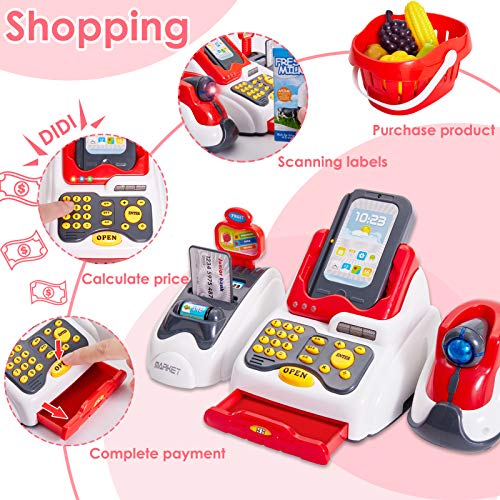 BUYGER Kids Toy Till Cash Register with Scanner, Pretend Play Food Money Toys, Childrens Cash Register Supermarket Shopping Toy Gift for 3 Year Old Kid Girls Boys