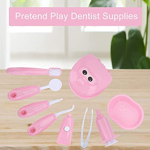 MAIREULB 9Pcs/Set Kids Brushing Game Educational Dental Scene Toys Teeth Model Preschool Teaching Learning Toy Doctor Playset for Toddlers Costume Role Play (Pink)