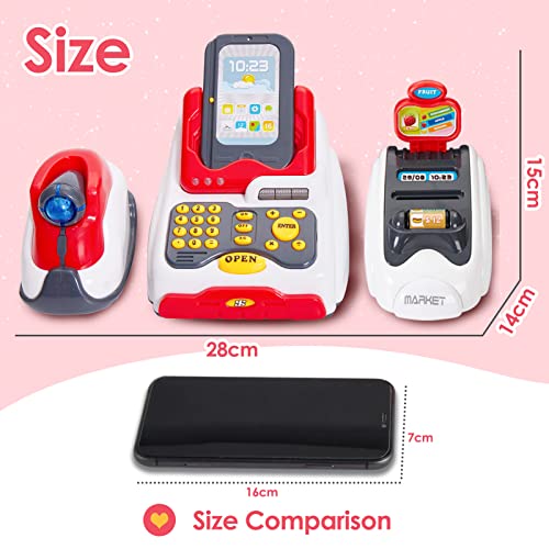 BUYGER Kids Toy Till Cash Register with Scanner, Pretend Play Food Money Toys, Childrens Cash Register Supermarket Shopping Toy Gift for 3 Year Old Kid Girls Boys