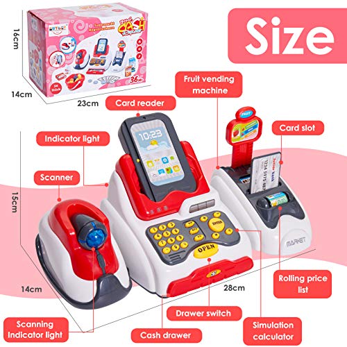 BUYGER Kids Toy Till Cash Register with Scanner, Pretend Play Food Money Toys, Childrens Cash Register Supermarket Shopping Toy Gift for 3 Year Old Kid Girls Boys