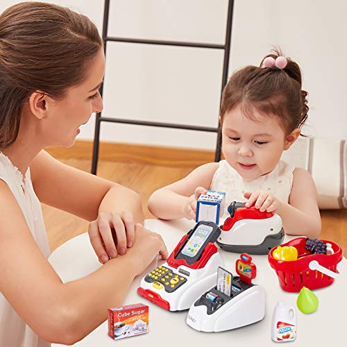 BUYGER Kids Toy Till Cash Register with Scanner, Pretend Play Food Money Toys, Childrens Cash Register Supermarket Shopping Toy Gift for 3 Year Old Kid Girls Boys