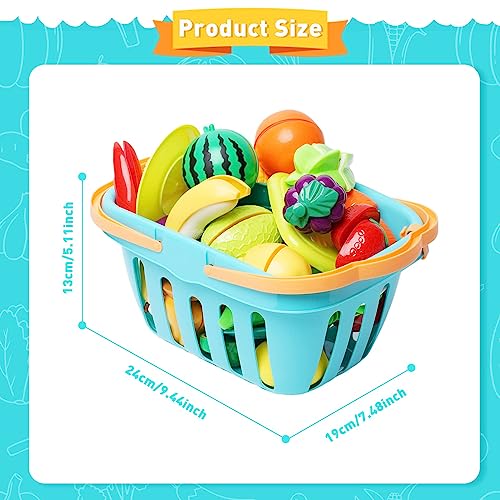 75 PCS Cutting Play Food Toy for Kids Kitchen Pretend Fruit &Vegetables Accessories with Shopping Storage Basket, Plastic Mini Dishes and Knife, Educational Toy for Toddlers Boys Girls Ages 3+