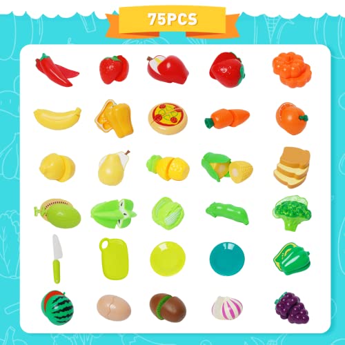 75 PCS Cutting Play Food Toy for Kids Kitchen Pretend Fruit &Vegetables Accessories with Shopping Storage Basket, Plastic Mini Dishes and Knife, Educational Toy for Toddlers Boys Girls Ages 3+