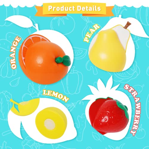 75 PCS Cutting Play Food Toy for Kids Kitchen Pretend Fruit &Vegetables Accessories with Shopping Storage Basket, Plastic Mini Dishes and Knife, Educational Toy for Toddlers Boys Girls Ages 3+