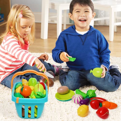 75 PCS Cutting Play Food Toy for Kids Kitchen Pretend Fruit &Vegetables Accessories with Shopping Storage Basket, Plastic Mini Dishes and Knife, Educational Toy for Toddlers Boys Girls Ages 3+