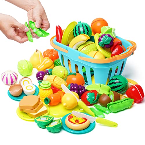 75 PCS Cutting Play Food Toy for Kids Kitchen Pretend Fruit &Vegetables Accessories with Shopping Storage Basket, Plastic Mini Dishes and Knife, Educational Toy for Toddlers Boys Girls Ages 3+