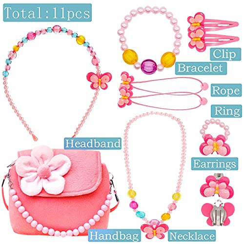 BIQIQI Kids Jewelry Set Little Girls Plush Purses with Necklace Bracelet Ring and Earring Jewelry Set Cute Handbag My First Purse for Little Girls Dress up and Pretend Role Play