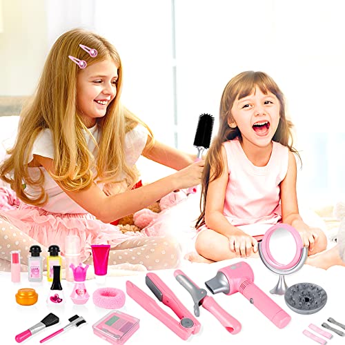 deAO Kids Makeup Set, Pretend Hairdressing Salon Toy Set Girls Styling Beauty Fashion Kit Pretend Role Play Makeup Accessories Playset For Children