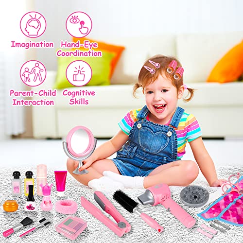 deAO Kids Makeup Set, Pretend Hairdressing Salon Toy Set Girls Styling Beauty Fashion Kit Pretend Role Play Makeup Accessories Playset For Children