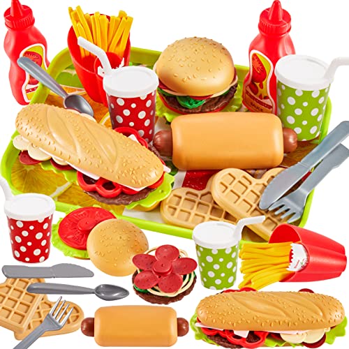 BUYGER Pretend Play Food Sets for Children Kitchen, Plastic Take Apart Toys Hamburger Fast Food Playset Kids Kitchen Accessories Role Play Toys for 3 4 5 Years Old Kids Boys Girls
