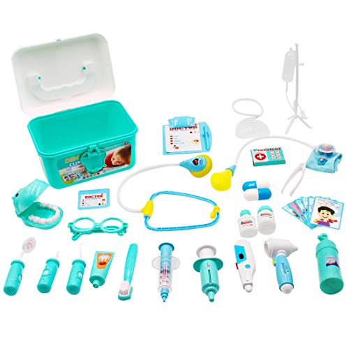 deAO Kids Role Play Dentist, Surgeon & Vet Medical 30 Piece Kit with Light and Sound Including Electronic Stethoscope, Lab Coat Cap & Play Medical Equipment (Blue)