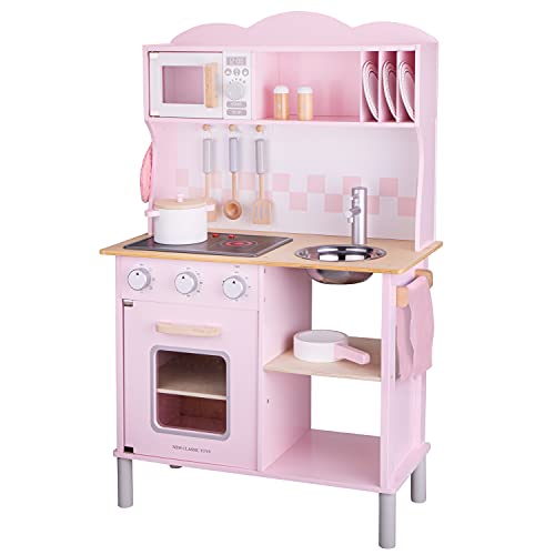 New Classic Toys 11067 Wooden Pretend Toy Kitchen for 3Y+, for Kids Included Accessoires-Comes with Electric Cooking Plate-Makes Sound, Pink