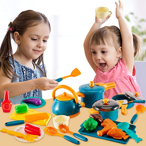 LINFUN KIDS Toy Kitchen Accessories Play Pots and Pans, Cooking Set for Children, Pretend Role Play Food Cookware Playset Gifts for 3+ 4 5 6 Years Old Kids Toddler Boys Girls