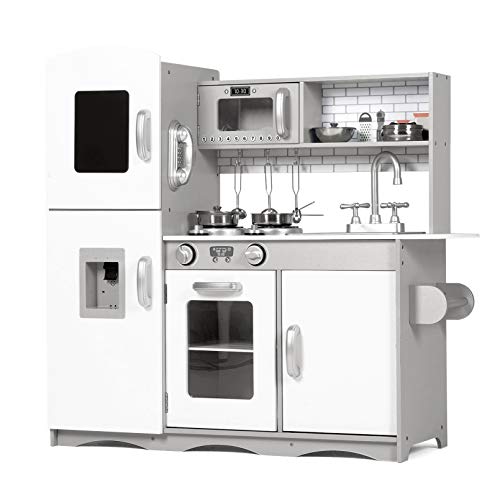 Kids Wooden Play Kitchen Boys Girls Pretend Toy with Sounds and Light Cooking Role Play Large Size - Grey (with Utensil Toys)