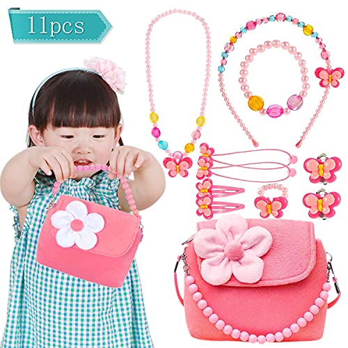 BIQIQI Kids Jewelry Set Little Girls Plush Purses with Necklace Bracelet Ring and Earring Jewelry Set Cute Handbag My First Purse for Little Girls Dress up and Pretend Role Play
