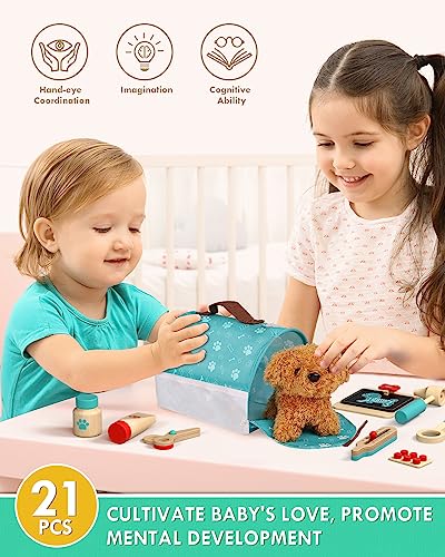 Lehoo Castle Doctors Set for Kids, Wooden Vet Set for Kids with Plush Dog, Kids Doctor Sets Gifts with Doctor Clothing and Hat， Pretend Play Vet Kit for Kids for 3-8 Year Old