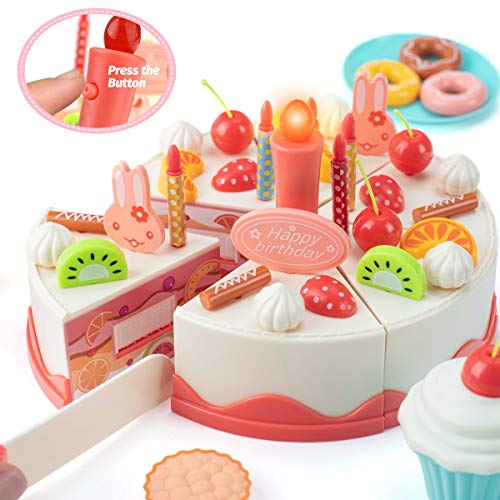 83 PCS Cutting and Decorating Birthday Cake Pretend Toys Role Play Food Sets for Children Kids, Educational Learning Kitchen Playset for 3 4 5 Years Old Girls & Boys