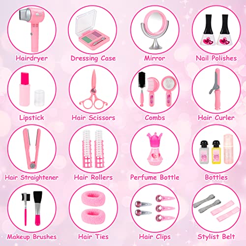 deAO Kids Makeup Set, Pretend Hairdressing Salon Toy Set Girls Styling Beauty Fashion Kit Pretend Role Play Makeup Accessories Playset For Children