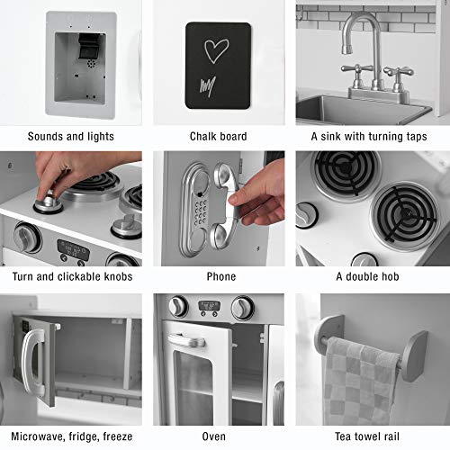 Kids Wooden Play Kitchen Boys Girls Pretend Toy with Sounds and Light Cooking Role Play Large Size - Grey (with Utensil Toys)