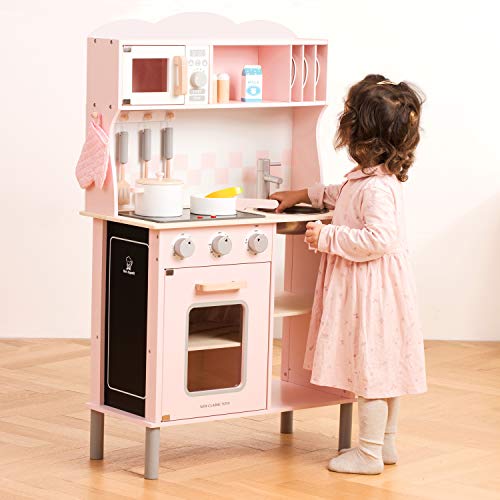 New Classic Toys 11067 Wooden Pretend Toy Kitchen for 3Y+, for Kids Included Accessoires-Comes with Electric Cooking Plate-Makes Sound, Pink