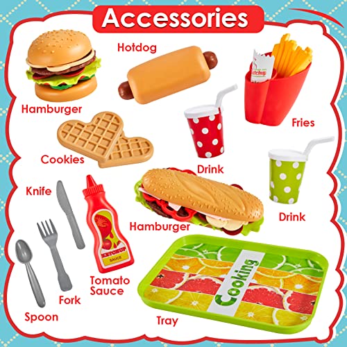 BUYGER Pretend Play Food Sets for Children Kitchen, Plastic Take Apart Toys Hamburger Fast Food Playset Kids Kitchen Accessories Role Play Toys for 3 4 5 Years Old Kids Boys Girls
