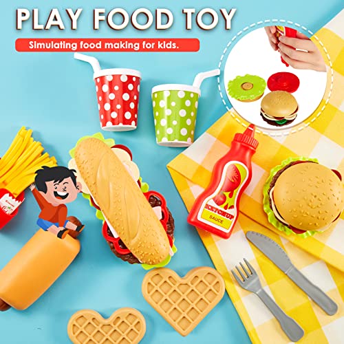 BUYGER Pretend Play Food Sets for Children Kitchen, Plastic Take Apart Toys Hamburger Fast Food Playset Kids Kitchen Accessories Role Play Toys for 3 4 5 Years Old Kids Boys Girls