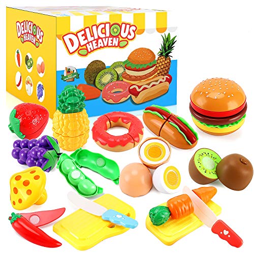 33pcs Cutting Pretend Play Food Toys for Kids Kitchen Set Playset Accessories BPA Free Peel & Cut Toy Food Fruits and Vegetables Toys, Christmas Birthday Gift for Toddlers Girls Boys Kids Storage Box