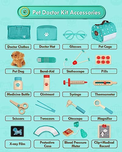 Lehoo Castle Doctors Set for Kids, Wooden Vet Set for Kids with Plush Dog, Kids Doctor Sets Gifts with Doctor Clothing and Hat， Pretend Play Vet Kit for Kids for 3-8 Year Old