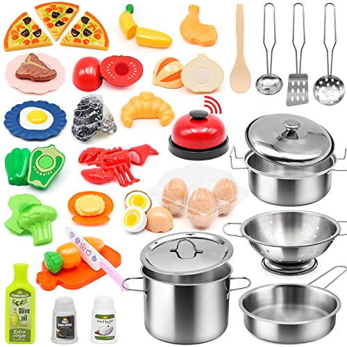37Items 59Pcs Kids Pretend Play Kitchen Accessories Set, Stainless Steel Play Pots and Pans Sets for Kids, Cooking Utensils, Play Food Pizza Knife Kitchen Playset Toys Gift for Boys Girls Toddlers