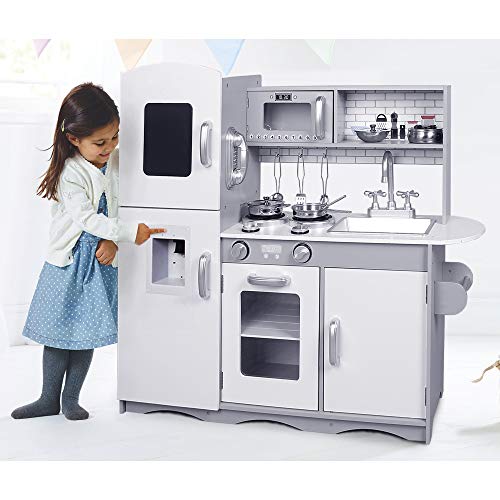 Kids Wooden Play Kitchen Boys Girls Pretend Toy with Sounds and Light Cooking Role Play Large Size - Grey (with Utensil Toys)