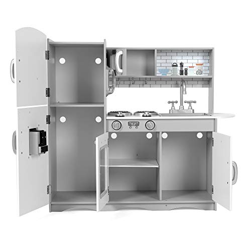 Kids Wooden Play Kitchen Boys Girls Pretend Toy with Sounds and Light Cooking Role Play Large Size - Grey (with Utensil Toys)