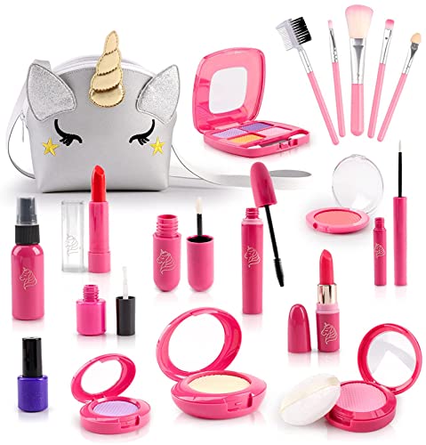 STAY GENT Pretend Makeup Sets for Girls Aged 3 4 5+ Years Old, 20pcs Kids Make Up Toys Kit with Silver Unicorn Bag Fake Makeup Little Girls Role Play Toys Gift for Children Toddlers Birthday Christmas