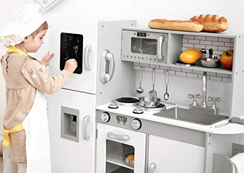 Kids Wooden Play Kitchen Boys Girls Pretend Toy with Sounds and Light Cooking Role Play Large Size - Grey (with Utensil Toys)