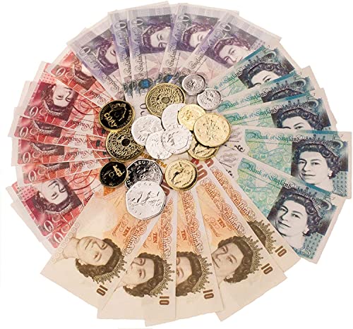JKG® Pound Sterling Pretend Play Money Notes and Coins for Children | Fake Money UK Currency Toy Banknotes | Kids Role Play Shop Till Bank Cash, Post Office Set - School Role Play Teach Money Numeracy