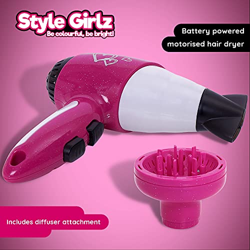 Style Girlz Hair Styling Set For Girls - Kids Battery Operated Toy Hair Dryer, Accessories, Vanity Case - Childrens Hairdressing Set - Pretend Hairdresser Role Play For Kids - Toys For Girls Age 3-6