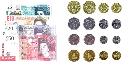 JKG® Pound Sterling Pretend Play Money Notes and Coins for Children | Fake Money UK Currency Toy Banknotes | Kids Role Play Shop Till Bank Cash, Post Office Set - School Role Play Teach Money Numeracy